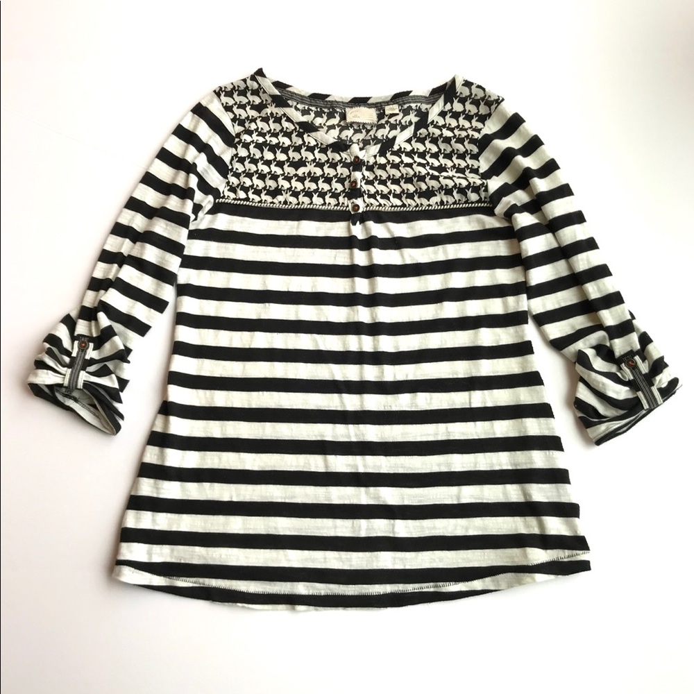 Anthro Postage Stamp Top w/ Rabbits and Stripes
